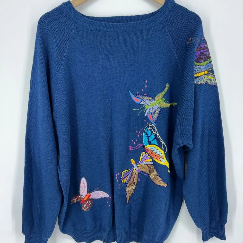 Vintage Cyn Les Shirlee Embroidered BUTTERFLY Sweater Blue Size 22